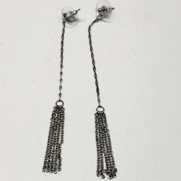 Stylish Women's Polished Silver-tone Hoop Fringed Drop Dangle Earrings - 4" long - Picture 1 of 5